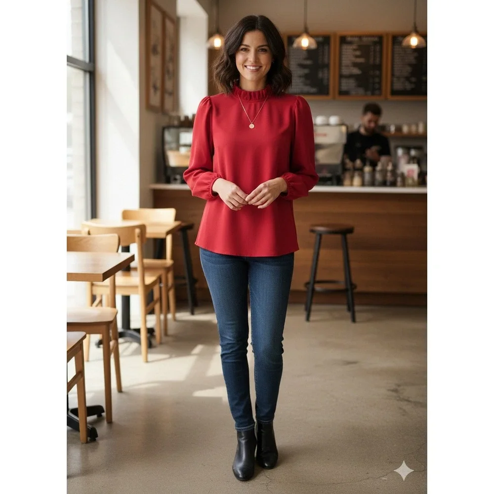 J. Crew Red Ruffle Neck Puffed Sleeve Blouse Women's Size S